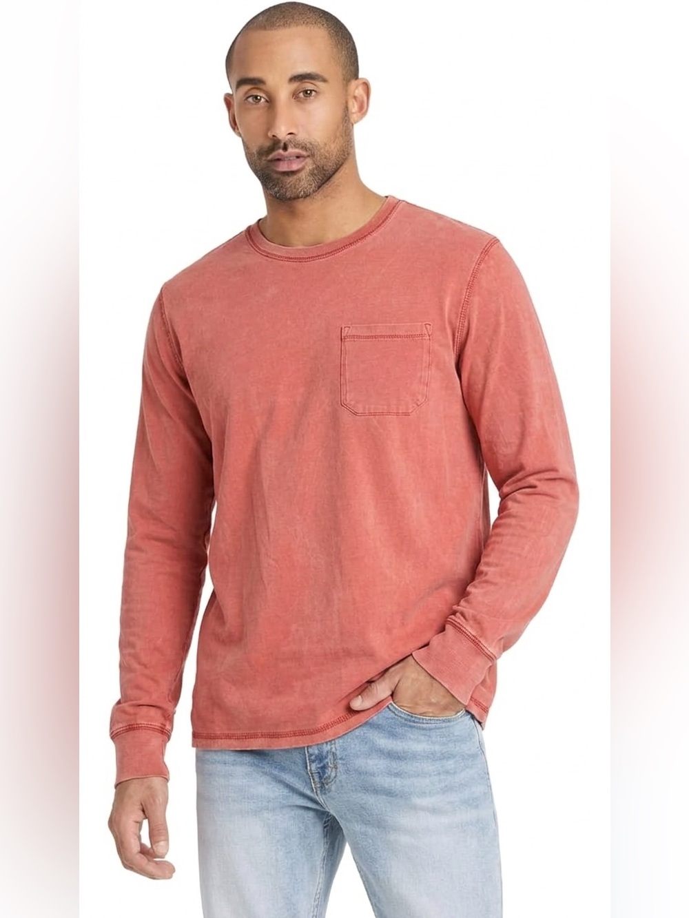 Goodfellow Men's Long-Sleeve Pocket Tee Orange size Medium